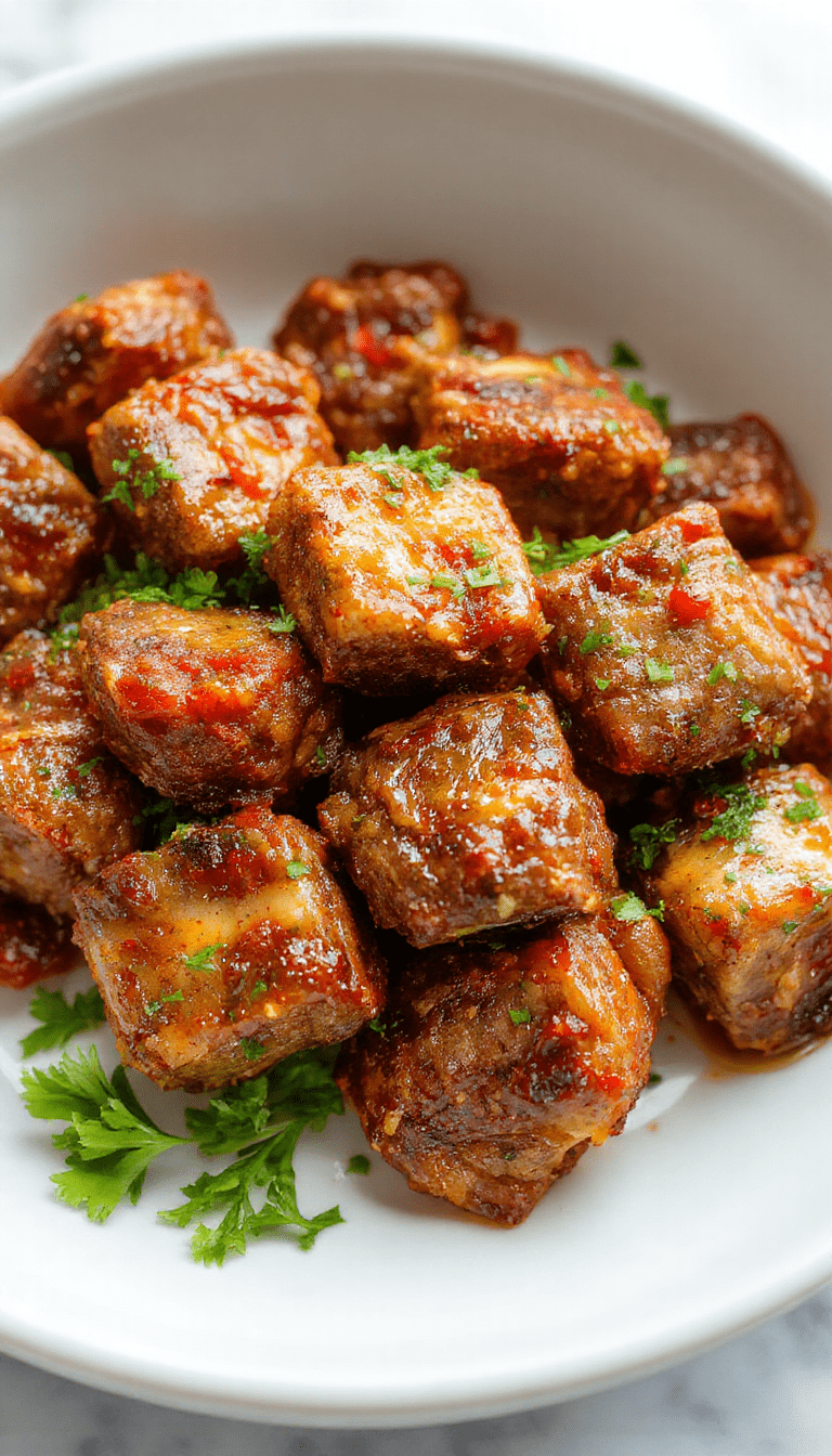 A close-up shot of juicy beef bites glazed with garlic butter sauce, garnished with chopped herbs, served on a rustic plate with a background of fresh garlic and herbs, showcasing a golden-brown crispy exterior and tender interior.