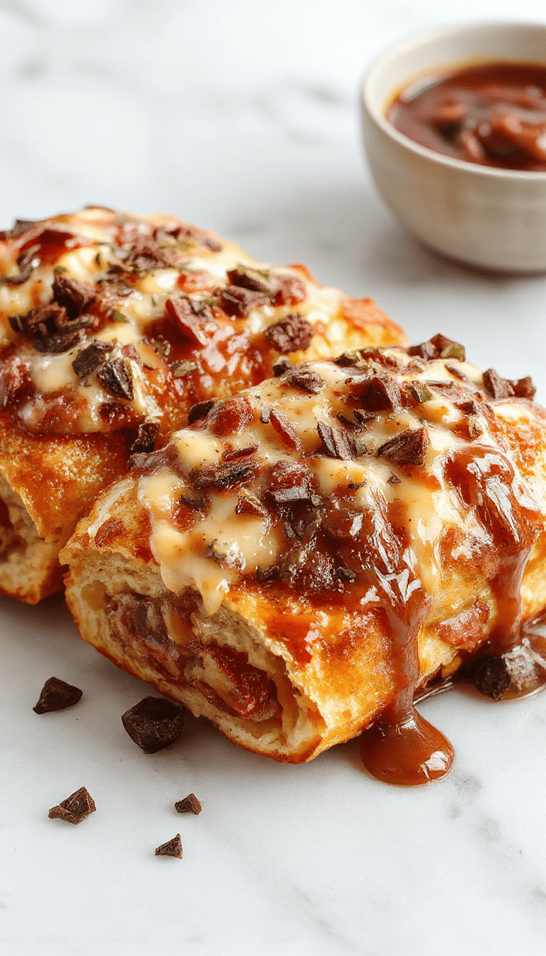 Colorful plate featuring golden-brown French toast roll-ups filled with savory sausage, drizzled with syrup, garnished with powdered sugar and fresh berries, styled on a rustic wooden surface with a drizzle of syrup and a sprig of mint