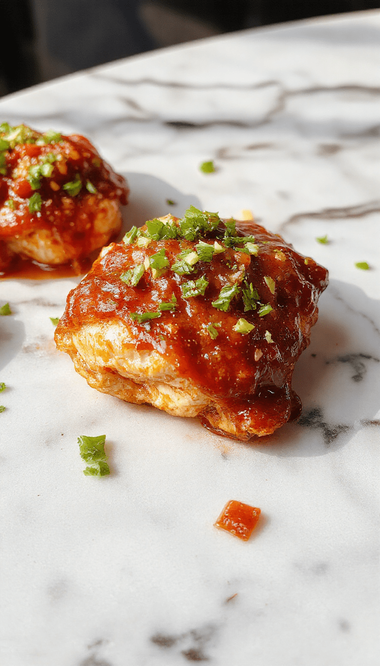A vibrant plate of glazed sweet chili chicken garnished with fresh cilantro, featuring crispy-coated chicken pieces coated in glossy, spicy-sweet sauce, surrounded by sliced colorful red and green peppers on a white ceramic plate with a rustic wooden backdrop.