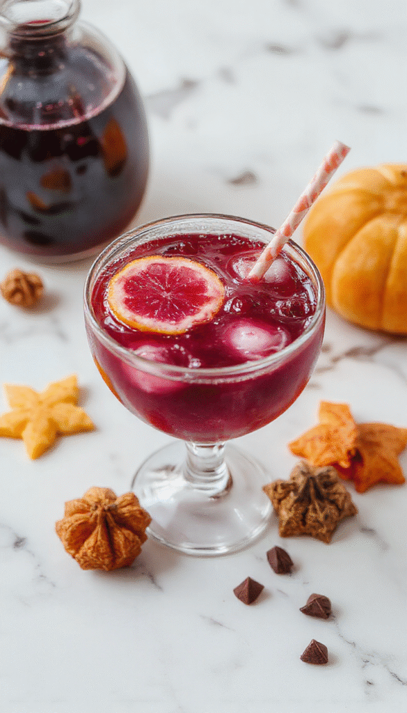 A vibrant glass punch bowl filled with bright purple and orange liquid, garnished with dry ice fog, spooky candy eyeballs, and floating fruit slices, set on a haunted-themed tablecloth with Halloween decorations around