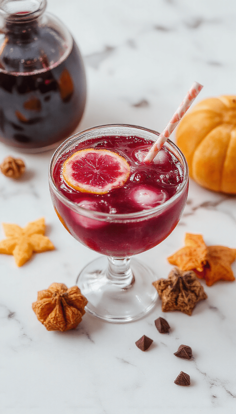 A vibrant glass punch bowl filled with bright purple and orange liquid, garnished with dry ice fog, spooky candy eyeballs, and floating fruit slices, set on a haunted-themed tablecloth with Halloween decorations around
