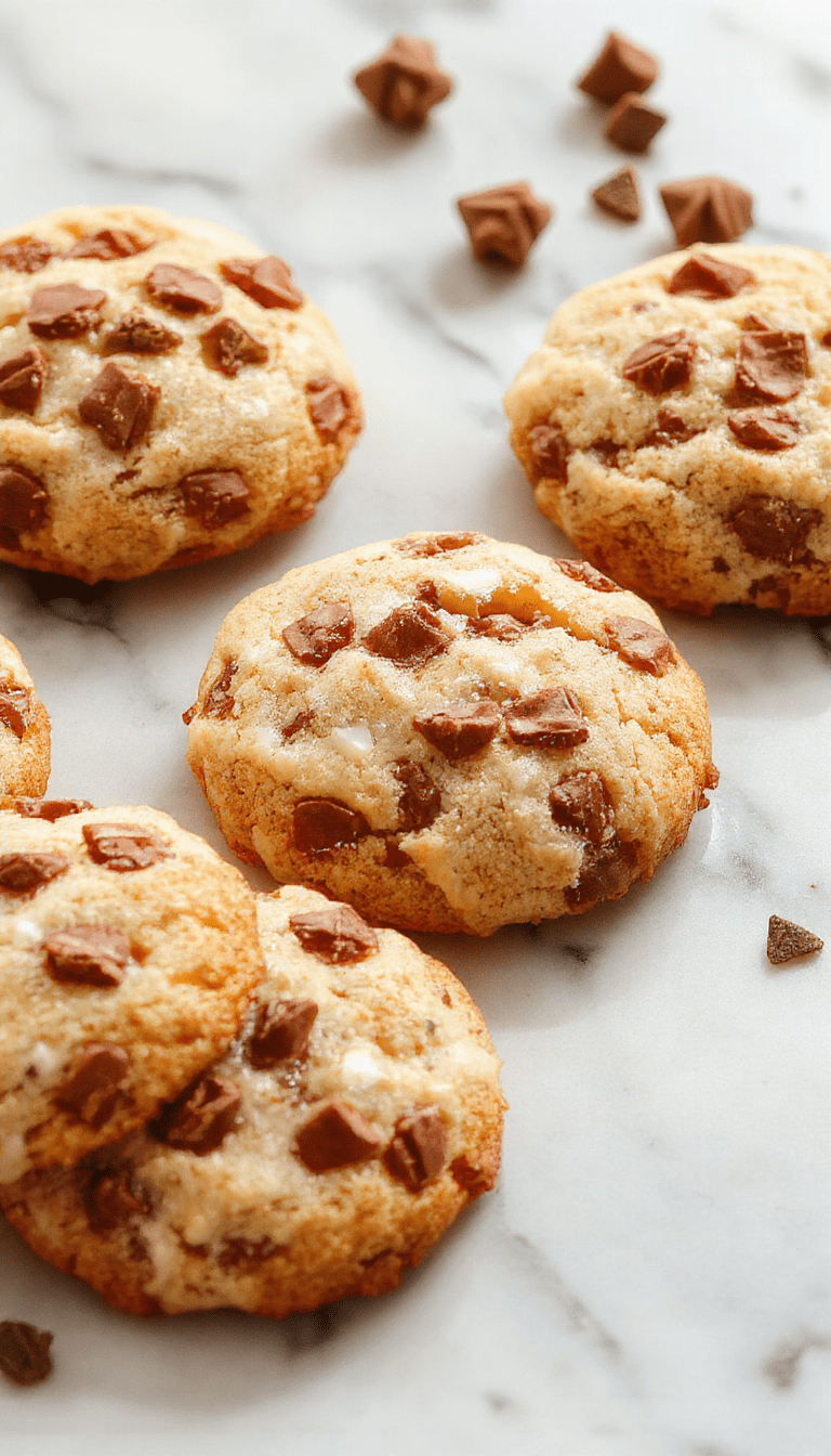 A close-up of golden-brown Marry Me Cookies arranged on a rustic wooden platter, sprinkled with powdered sugar, with a soft-focus background of a cozy kitchen setting featuring a glass of milk and baking ingredients.