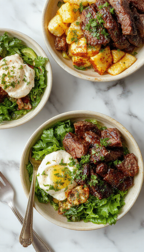 Vibrant Mediterranean steak bowls featuring sliced grilled beef on a bed of fresh greens, cherry tomatoes, cucumbers, and creamy feta cheese, drizzled with olive oil and herbs, bright colors, textured ingredients, styled in a rustic bowl.