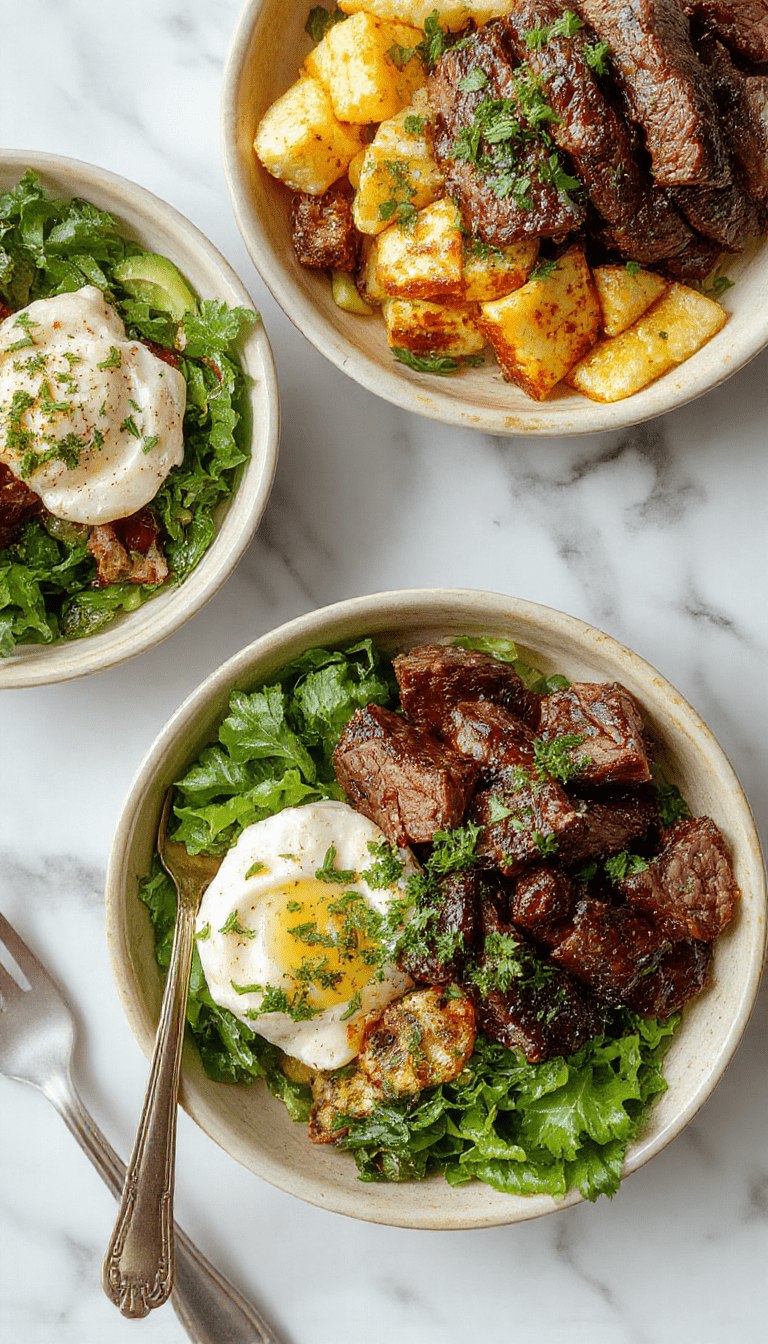 Vibrant Mediterranean steak bowls featuring sliced grilled beef on a bed of fresh greens, cherry tomatoes, cucumbers, and creamy feta cheese, drizzled with olive oil and herbs, bright colors, textured ingredients, styled in a rustic bowl.