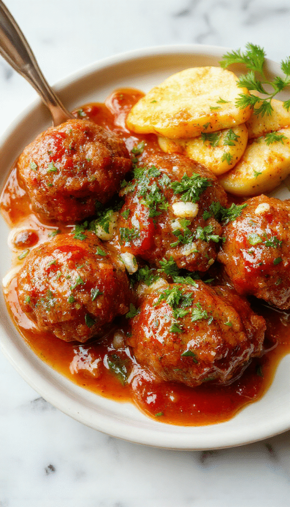 Close-up of golden-brown Italian meatballs arranged on a white plate, glazed with marinara sauce, garnished with fresh parsley, with a rustic wooden background and a sprinkle of Parmesan cheese.