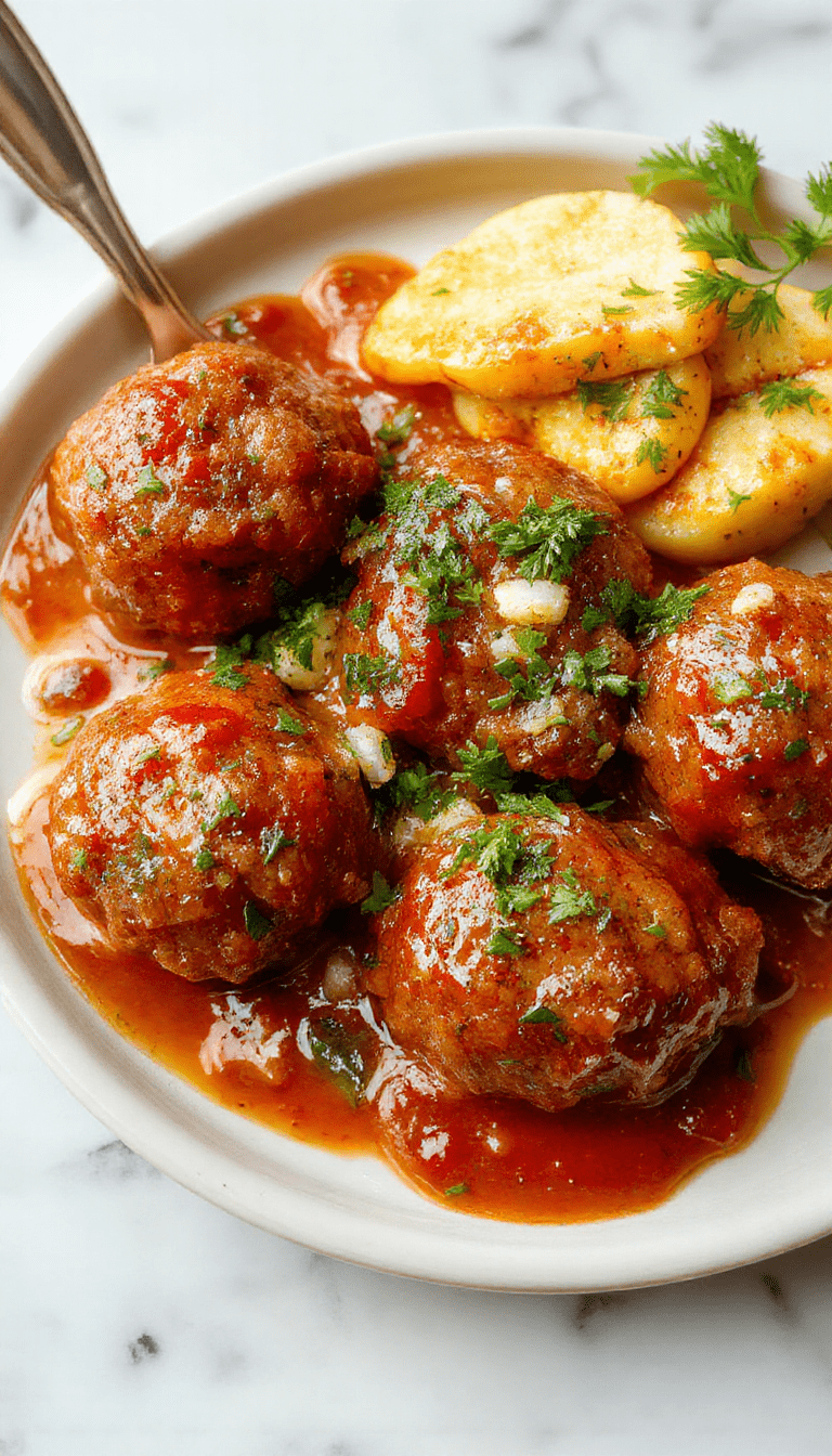 Close-up of golden-brown Italian meatballs arranged on a white plate, glazed with marinara sauce, garnished with fresh parsley, with a rustic wooden background and a sprinkle of Parmesan cheese.