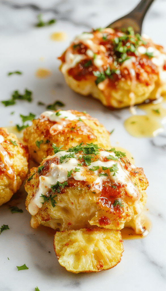 Colorful roasted cauliflower florets coated in a glossy tahini-honey glaze, arranged on a rustic white plate with a drizzle of tahini honey sauce, garnished with toasted sesame seeds and fresh parsley, with vibrant spices and a textured background highlighting the crispy and tender textures.