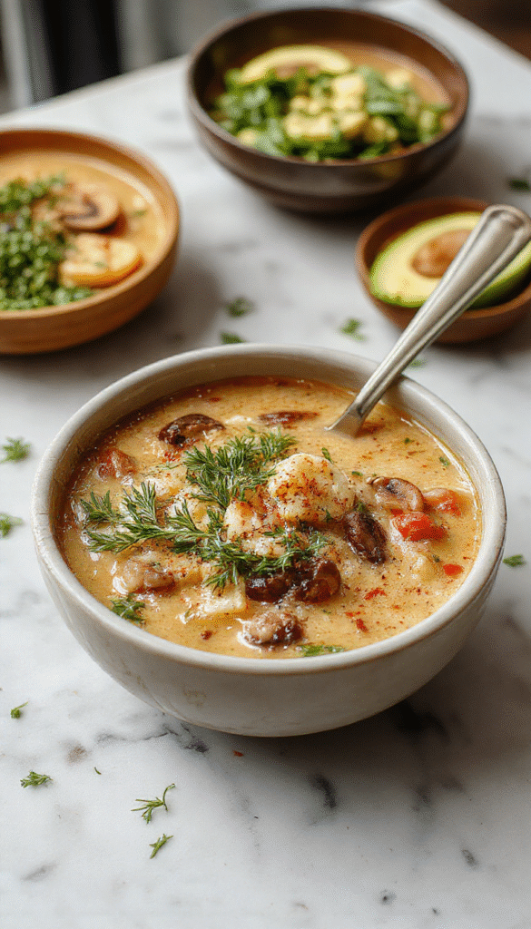 A bowl of wild rice and mushroom soup with a rich, creamy texture, garnished with fresh herbs. The bowl sits on a rustic wooden table, surrounded by whole mushrooms, uncooked wild rice, and a sprig of thyme, highlighting the different textures and earthy colors of the ingredients. The soup appears thick and hearty with tender mushroom slices and fluffy rice, creating an inviting and wholesome presentation.