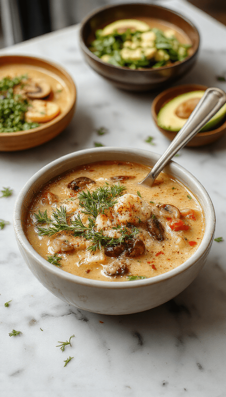 A bowl of wild rice and mushroom soup with a rich, creamy texture, garnished with fresh herbs. The bowl sits on a rustic wooden table, surrounded by whole mushrooms, uncooked wild rice, and a sprig of thyme, highlighting the different textures and earthy colors of the ingredients. The soup appears thick and hearty with tender mushroom slices and fluffy rice, creating an inviting and wholesome presentation.