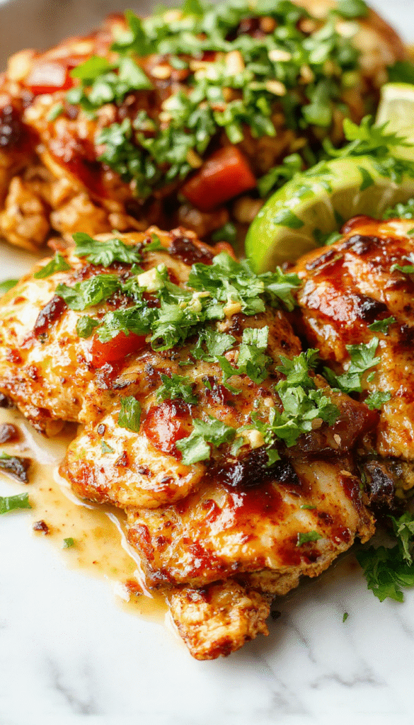 Colorful chicken fajitas with vibrant red and green peppers and tender, golden chicken strips arranged on a rustic white plate, topped with fresh cilantro and garnished with lime wedges, all set on a wooden table with a textured background.