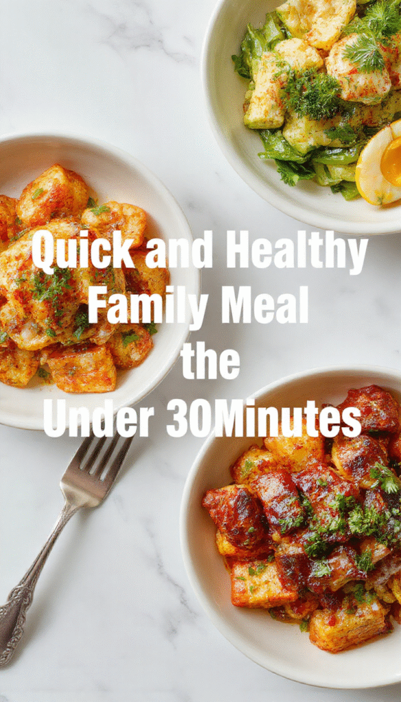 A vibrant table display featuring a variety of colorful healthy dishes including grilled chicken salads, vegetable stir-fries, and whole grain sides, beautifully plated with fresh herbs and bright vegetables, showcasing textures from crispy to tender, styled in a modern kitchen setting with natural lighting.