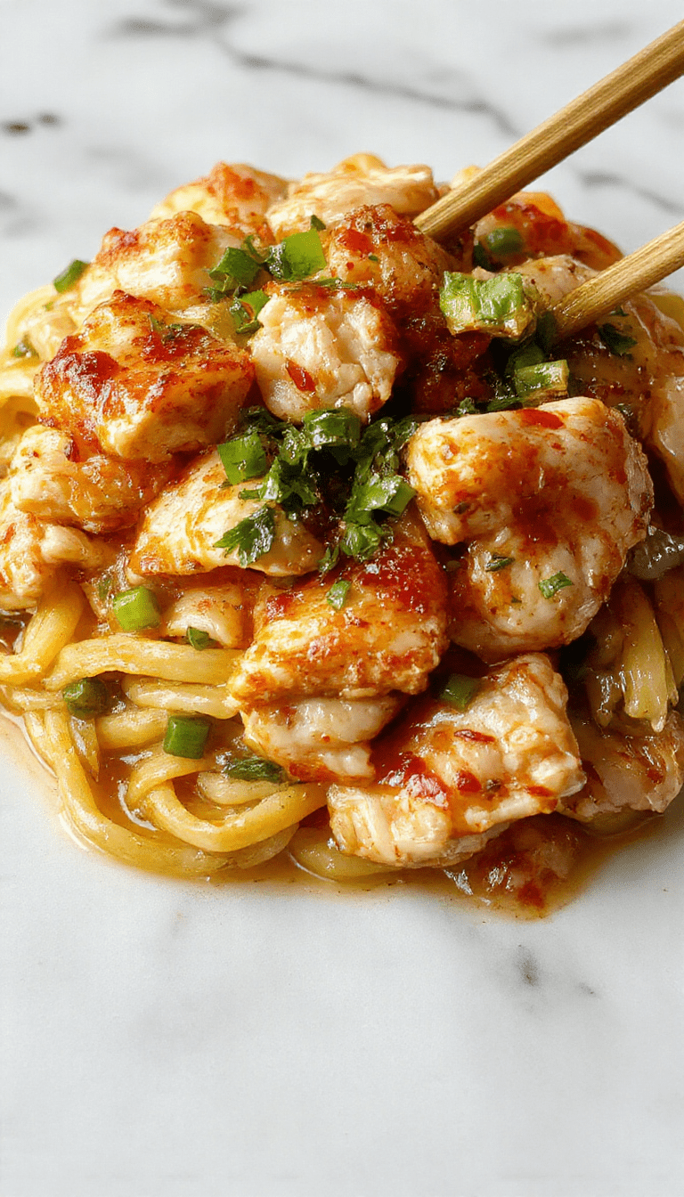 A vibrant plate of chicken ramen stir fry featuring tender diced chicken, colorful bell peppers, and glossy ramen noodles garnished with chopped green onions, served on a rustic wooden table with a drizzle of sauce, capturing a crispy, glossy texture with lively colors and inviting presentation.