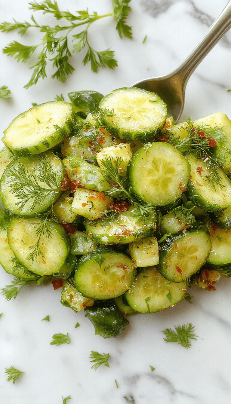 A vibrant bowl of cucumber dill salad featuring thinly sliced fresh cucumbers, sprinkled with finely chopped dill and red onion slices, garnished with lemon wedges and dill sprigs, all presented in a rustic white ceramic bowl on a wooden table with fresh ingredients around.