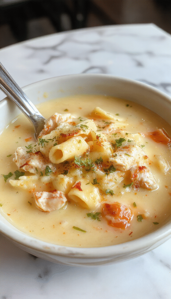 A steaming bowl of creamy chicken pasta soup showcasing tender shredded chicken, spiral pasta, and fresh herbs, garnished with a sprinkle of cheese, all set against a rustic wooden table with a spoon resting beside it.