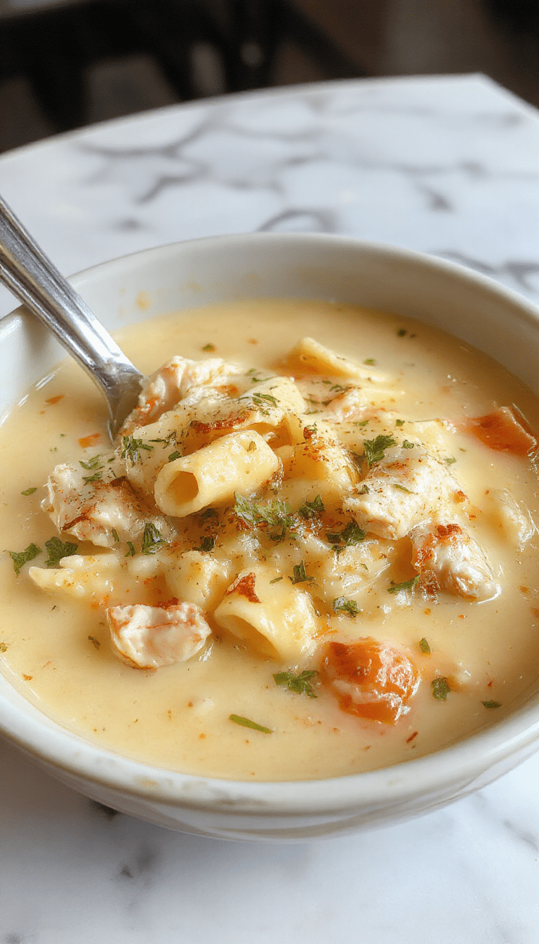 A steaming bowl of creamy chicken pasta soup showcasing tender shredded chicken, spiral pasta, and fresh herbs, garnished with a sprinkle of cheese, all set against a rustic wooden table with a spoon resting beside it.