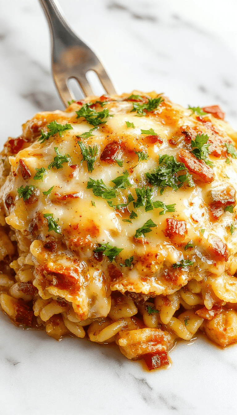A close-up of a golden-brown chicken casserole in a white baking dish topped with caramelized onions, melted cheese, and fresh herbs. The dish is steaming hot and garnished with chopped parsley, with a rustic wooden table background and a spoon ready for serving.