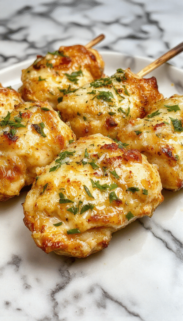 Colorful chicken skewers glazed with golden garlic parmesan sauce, arranged on a rustic wooden platter with fresh herbs and lemon slices, with a backdrop of a cozy outdoor setting.