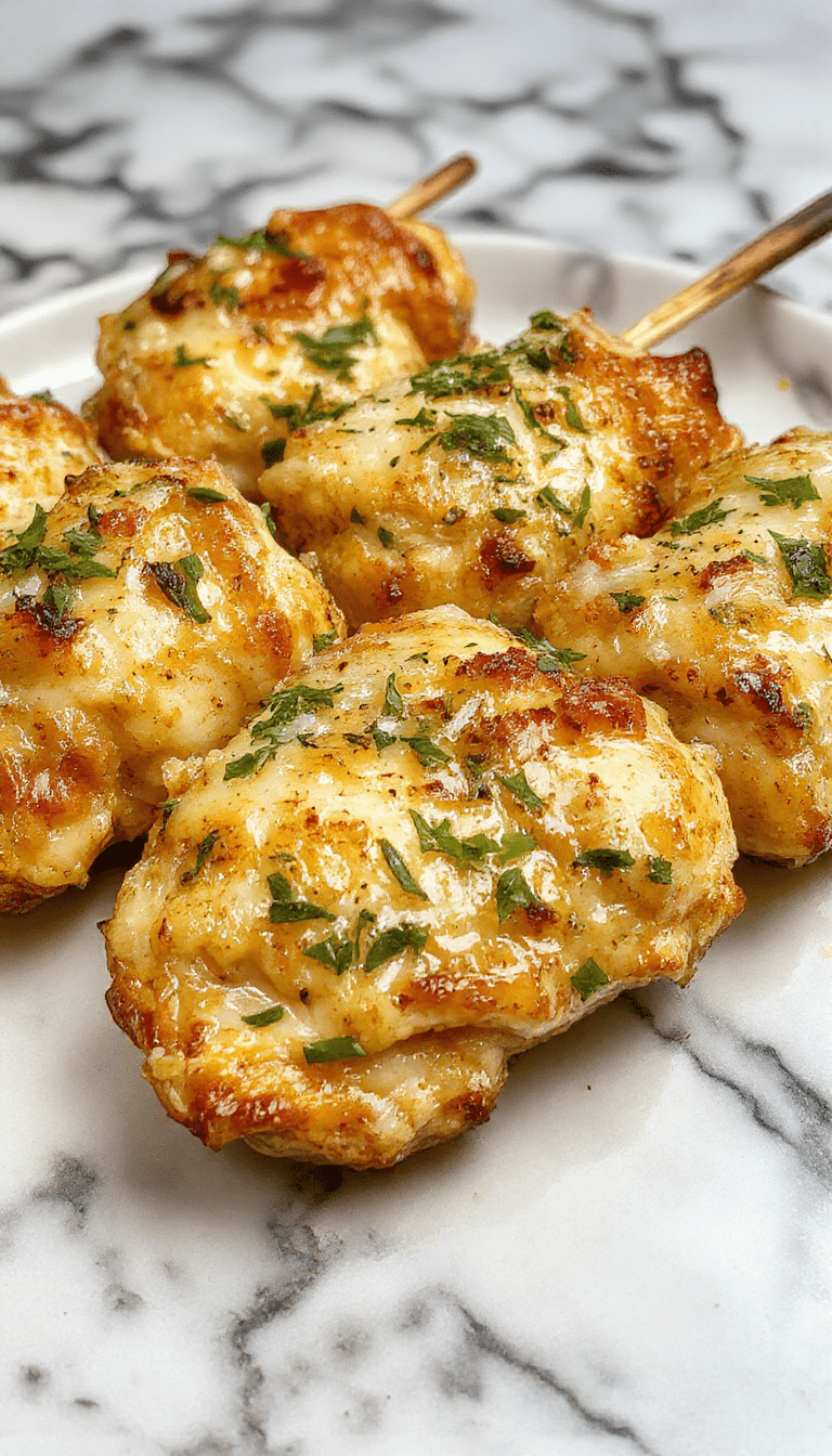 Colorful chicken skewers glazed with golden garlic parmesan sauce, arranged on a rustic wooden platter with fresh herbs and lemon slices, with a backdrop of a cozy outdoor setting.