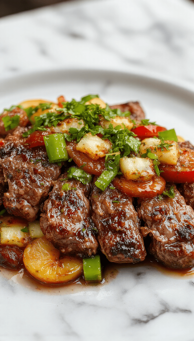 A vibrant plate of pepper steak featuring succulent beef strips stir-fried with colorful bell peppers and caramelized onions, styled on a rustic wooden surface with fresh herbs sprinkled over, showcasing glossy sauce and crispy vegetables for a mouthwatering presentation.
