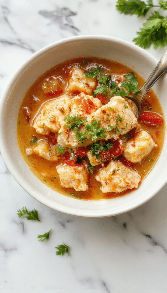 A warm, hearty chicken stew served in a rustic bowl garnished with fresh herbs, showing tender shredded chicken, diced carrots, potatoes, and green beans in a rich, flavorful broth, styled with a cozy kitchen background.