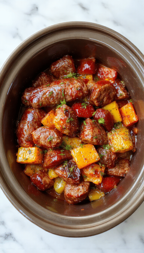 A rustic white plate featuring sliced sausage nestled among vibrant red, yellow, and orange bell peppers, garnished with fresh herbs, with a background of a slow cooker and wooden table, showcasing a warm and inviting meal with a glossy, flavorful sauce.