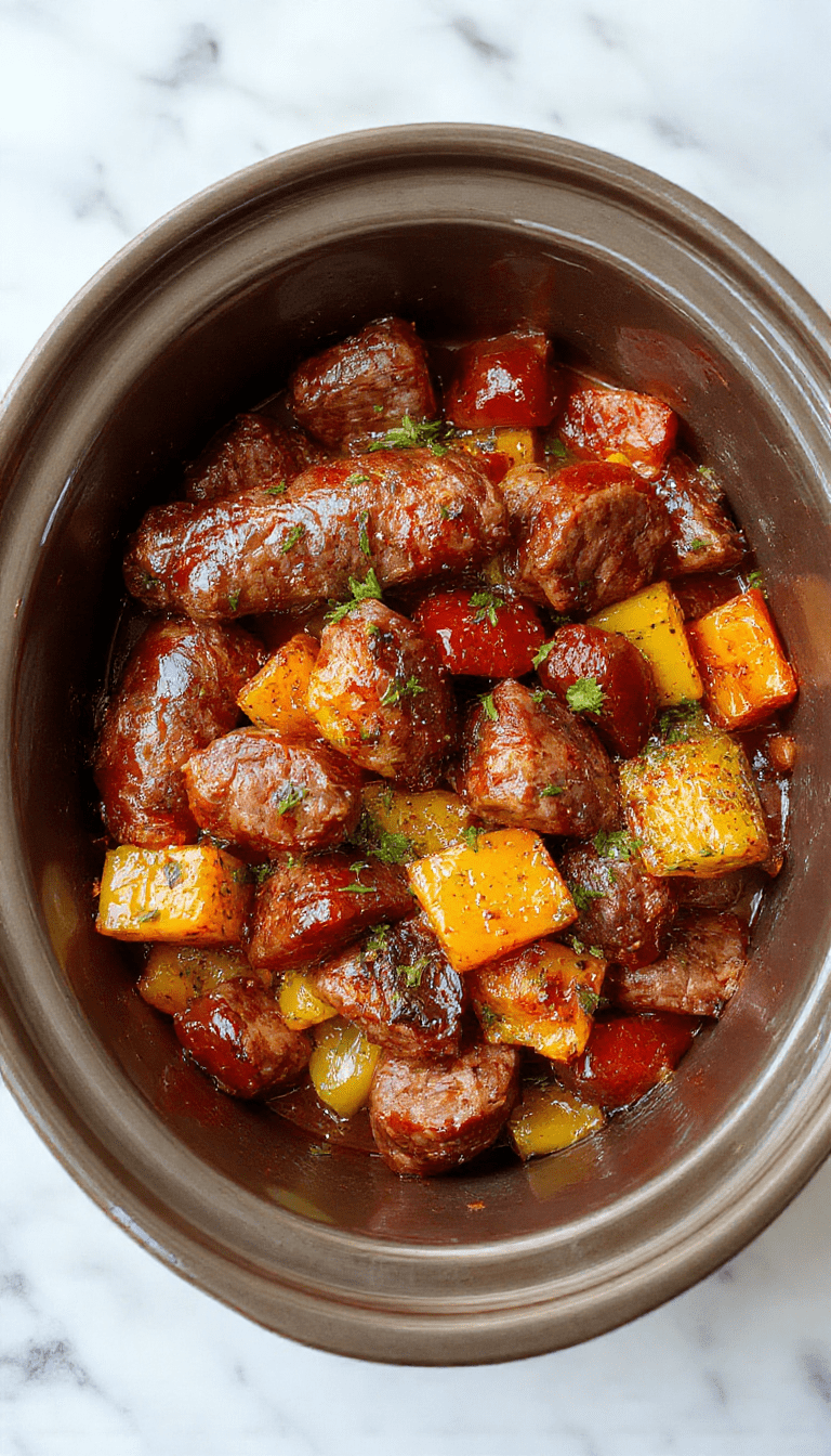 A rustic white plate featuring sliced sausage nestled among vibrant red, yellow, and orange bell peppers, garnished with fresh herbs, with a background of a slow cooker and wooden table, showcasing a warm and inviting meal with a glossy, flavorful sauce.