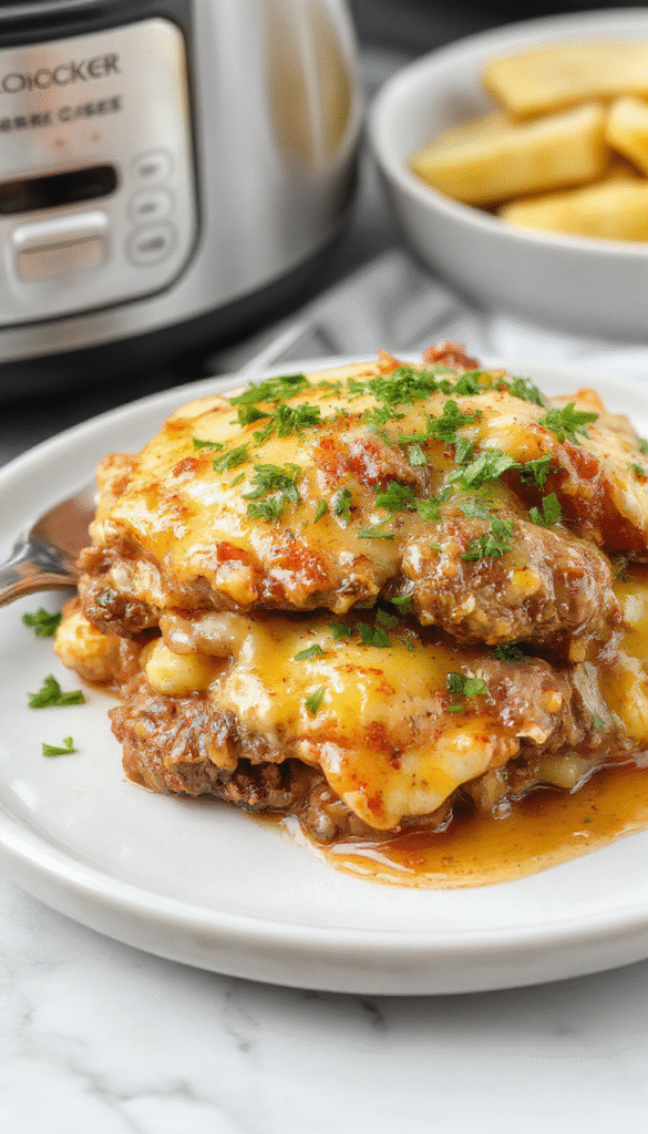 Colorful image of a hearty slow cooker steak and cheddar potato casserole served in a rustic bowl. The dish features tender chunks of steak, melted cheddar cheese, and crispy golden potatoes garnished with chopped green herbs. The background shows a wooden table with fresh ingredients and a cozy kitchen setting, highlighting the creamy, savory textures and vibrant colors of the casserole.