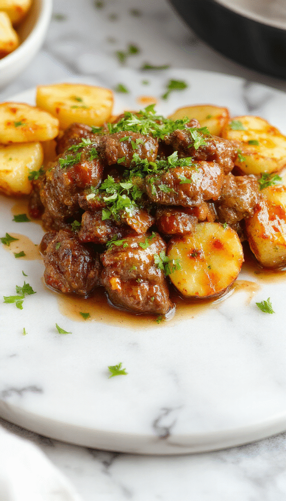 A rustic white plate featuring tender beef bites coated in glossy garlic butter sauce, accompanied by roasted golden potatoes, garnished with fresh parsley, with a background of a slow cooker and wooden table setting highlighting a savory and hearty dish with vibrant colors and appetizing textures.