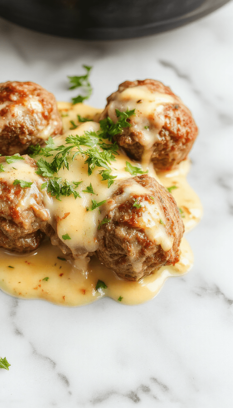 Colorful plate showcasing golden-brown Salisbury steak meatballs topped with rich gravy, surrounded by mashed potatoes and steamed green beans, styled in a rustic kitchen setting