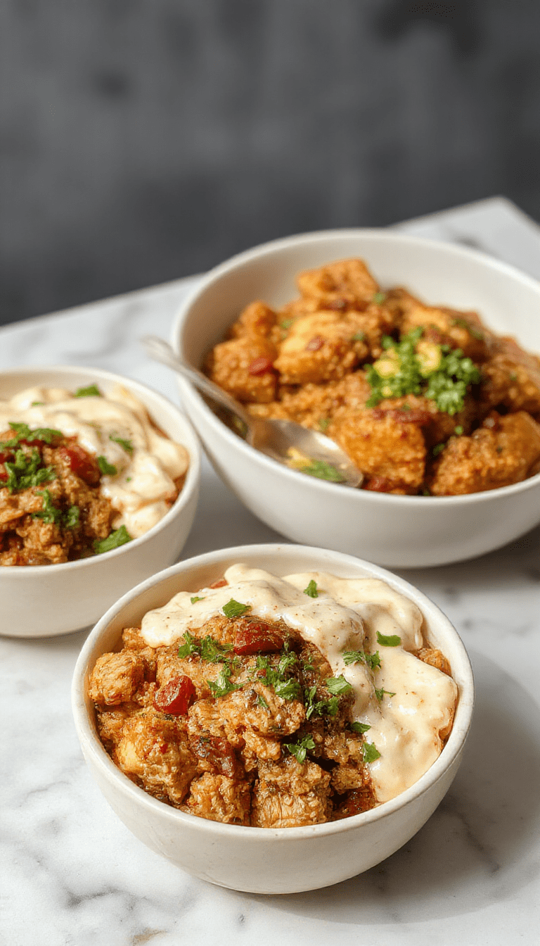 A vibrant scene of a ground turkey rice bowl garnished with fresh green onions, drizzled with a creamy spicy sauce, served on a rustic white plate; colorful toppings including chopped vegetables add texture and appeal, set against a wooden table background.