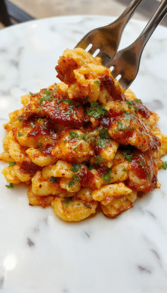 A vibrant plate featuring tender Cajun chicken sliced atop a bed of glossy, orange-hued orzo pasta mixed with colorful bell peppers and green herbs, all garnished with fresh parsley on a rustic wooden table.