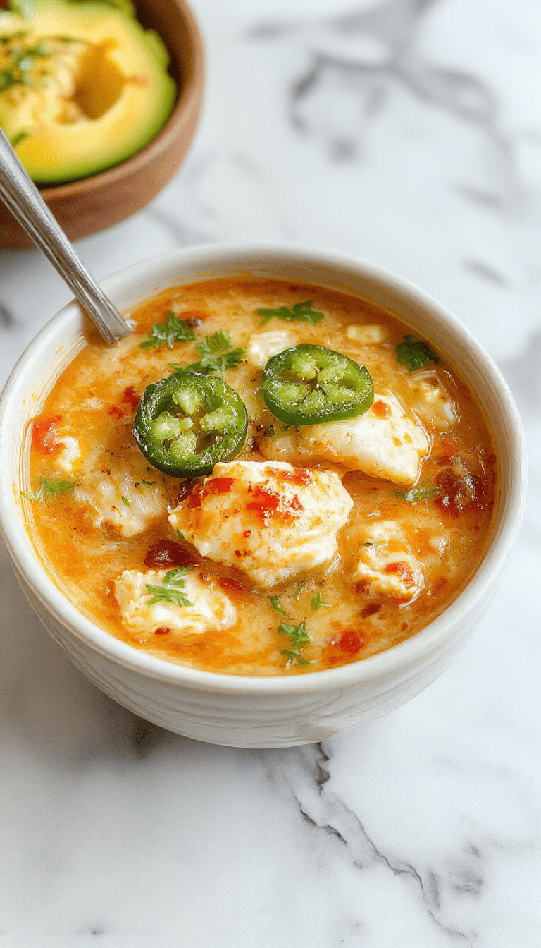 A vibrant bowl of spicy jalapeño chicken soup garnished with chopped cilantro, sliced jalapeños, and melted cheese, served in a rustic white bowl on a wooden table with lime wedges and fresh herbs around.