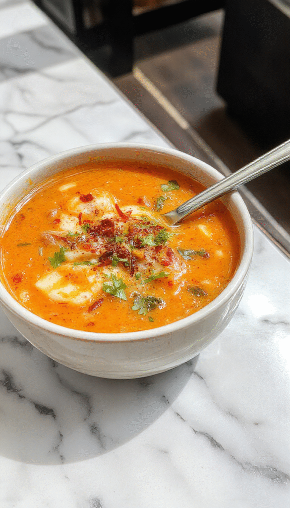 A vibrant bowl of Thai red curry noodle soup featuring bright orange-red broth, nestled with tender rice noodles, colorful bell peppers, fresh basil leaves, and slices of tender chicken, garnished with lime wedges and chili flakes on a rustic wooden table.