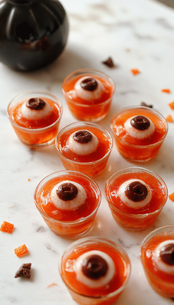 Vibrant red and white eyeball gelatin shots arranged on a spooky black platter, featuring realistic eyeball decorations with red veiny details and glossy gel textures, garnished with spooky Halloween-themed props and dry ice fog for a haunting presentation