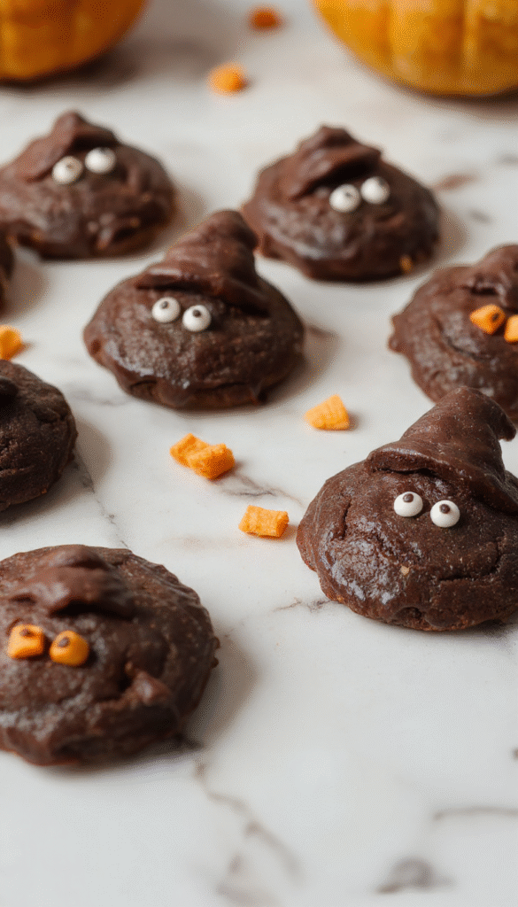 Colorful Halloween-themed cookies decorated with vibrant orange, black, and purple icing, shaped like witches, bats, and pumpkins, arranged on a spooky-themed platter with cobweb accents, lighting casting eerie shadows on textured cookies with glossy frosting and cute edible decorations.