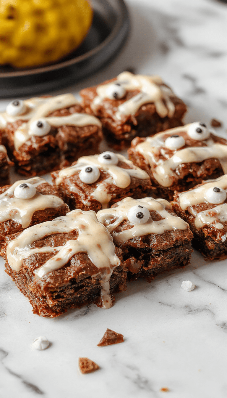 Colorful Halloween-themed brownies topped with white chocolate bandage-style strips and edible googly eyes, arranged on a rustic wooden platter, with spooky decorations in the background, textured surface of the brownies contrasting with glossy eyes and smooth icing.