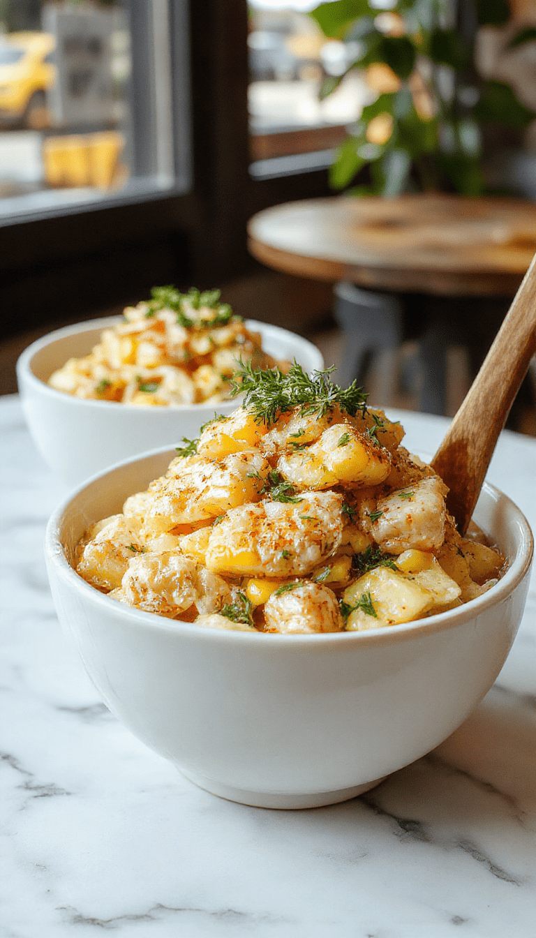 A vibrant chicken rice bowl topped with charred corn, creamy sauce, chopped cilantro, and lime wedges, presented on a rustic plate with fresh ingredients around.