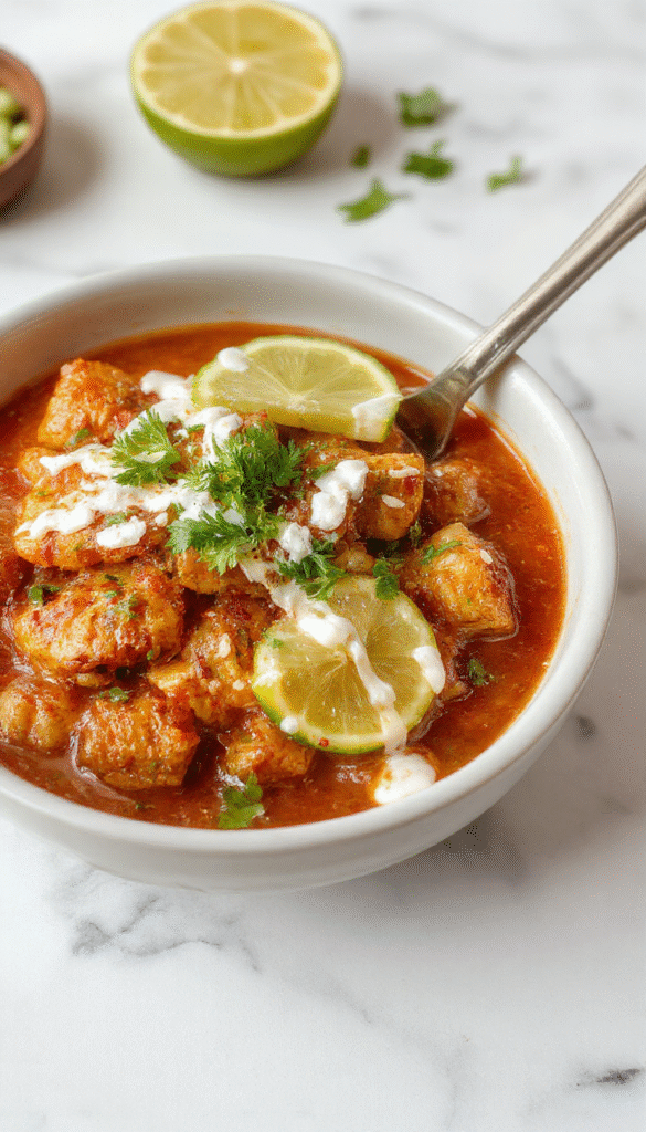 A vibrant chicken bowl featuring golden-brown grilled chicken pieces coated in glossy spicy chili glaze, sliced fresh lime and shredded coconut garnishing a colorful bed of jasmine rice, with a drizzle of creamy coconut lime sauce on top, all arranged in a rustic white bowl with lime wedges and cilantro leaves for garnish, styled with a sprig of fresh herbs on a natural wooden table background