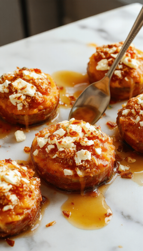 Colorful close-up of golden-brown sweet potato rounds topped with crumbled white feta cheese and a drizzle of glossy honey, garnished with fresh herbs, arranged on a rustic plate with a textured background emphasizing textures and vibrant colors.