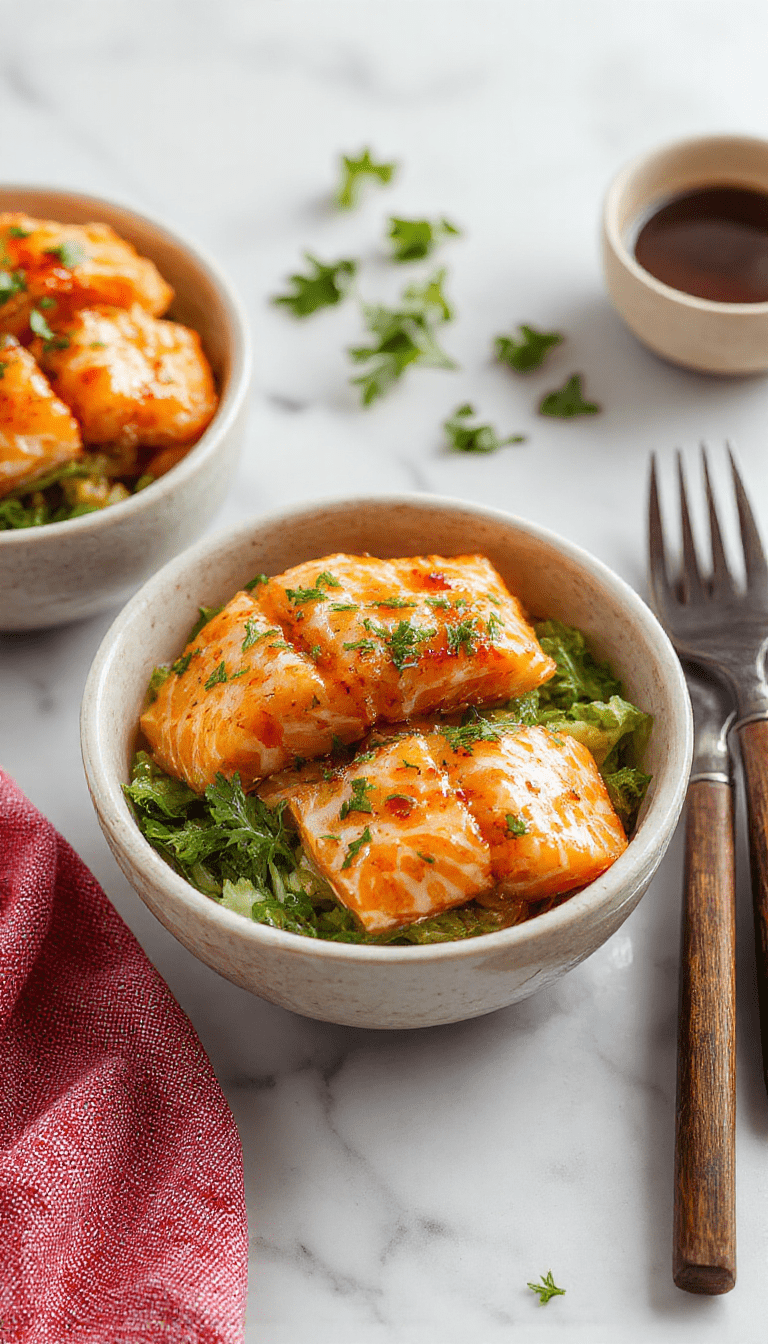 A vibrant salmon bowl featuring perfectly cooked salmon fillets glazed with honey, garnished with fresh herbs, served over a colorful bed of quinoa and vegetables, with a drizzle of honey and sesame seeds, styled on a rustic wooden table
