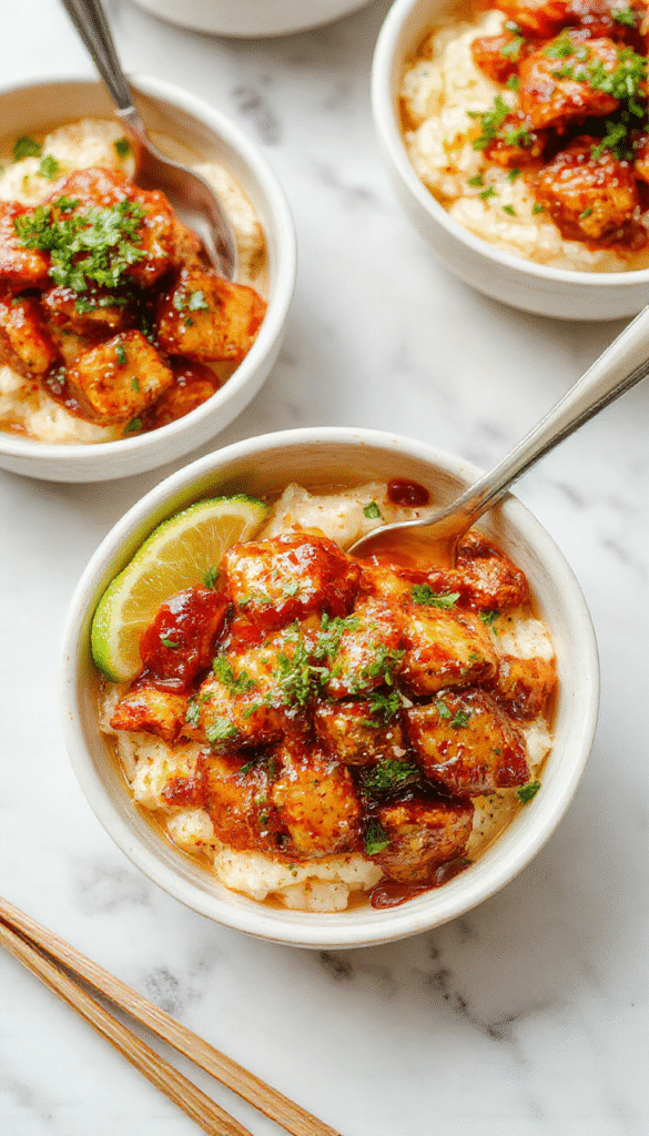 A vibrant plate featuring glossy, caramelized chicken glazed in a sticky sauce resting atop fluffy steamed rice. Bright green cilantro garnish, colorful sliced vegetables around, and a drizzle of sauce create an inviting, appetizing scene with a rustic wooden background.