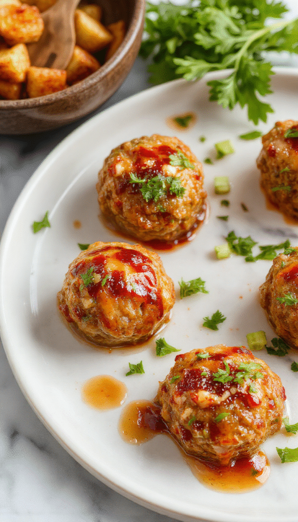 A vibrant plate of glossy, golden-brown turkey meatballs glazed with a rich sweet and spicy sauce. Garnished with chopped green onions and sesame seeds, served on a white ceramic platter with a colorful Asian-inspired background, highlighting a perfect blend of textures and flavors.