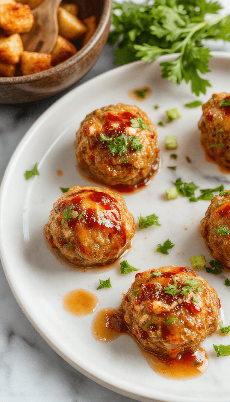 A vibrant plate of glossy, golden-brown turkey meatballs glazed with a rich sweet and spicy sauce. Garnished with chopped green onions and sesame seeds, served on a white ceramic platter with a colorful Asian-inspired background, highlighting a perfect blend of textures and flavors.