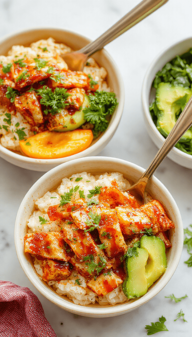 A colorful chicken rice bowl topped with glazed honey chipotle chicken pieces, vibrant cherry tomatoes, fresh cilantro, and sliced lime over fluffy white rice, styled with a drizzle of honey and spicy sauce, vibrant reds and greens contrast against the neutral rice, garnished beautifully with cilantro leaves.