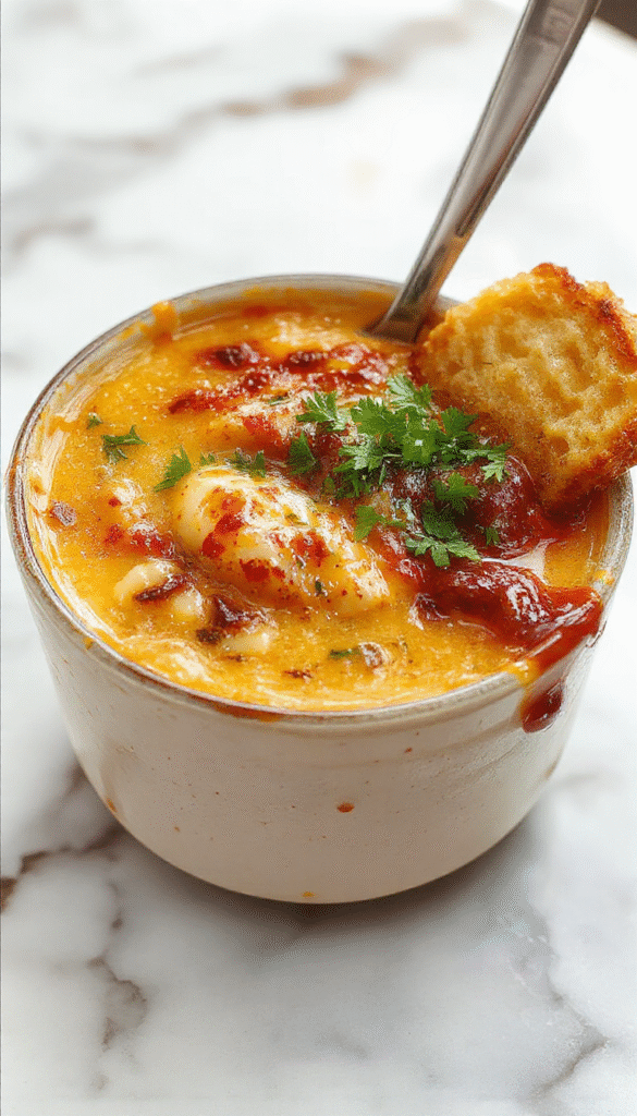 A hearty bowl of cheeseburger soup garnished with shredded cheese, chopped green onions, and crispy bacon bits. The rich, creamy broth showcases tender ground beef, melted cheese, and diced vegetables, all beautifully plated in a rustic white bowl against a wooden background, with fresh ingredients and a spoon inviting a warm, comforting meal.