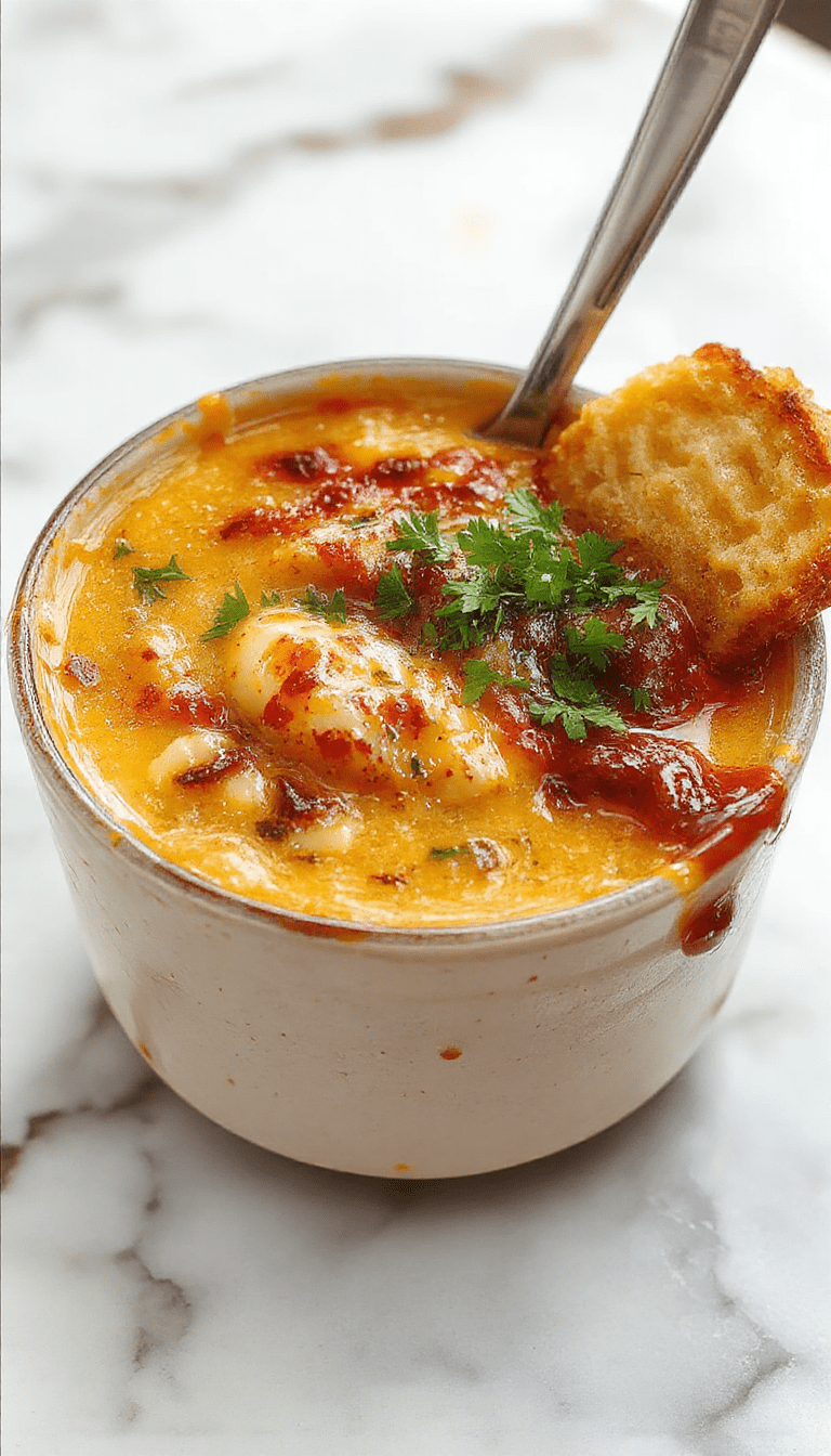 A hearty bowl of cheeseburger soup garnished with shredded cheese, chopped green onions, and crispy bacon bits. The rich, creamy broth showcases tender ground beef, melted cheese, and diced vegetables, all beautifully plated in a rustic white bowl against a wooden background, with fresh ingredients and a spoon inviting a warm, comforting meal.