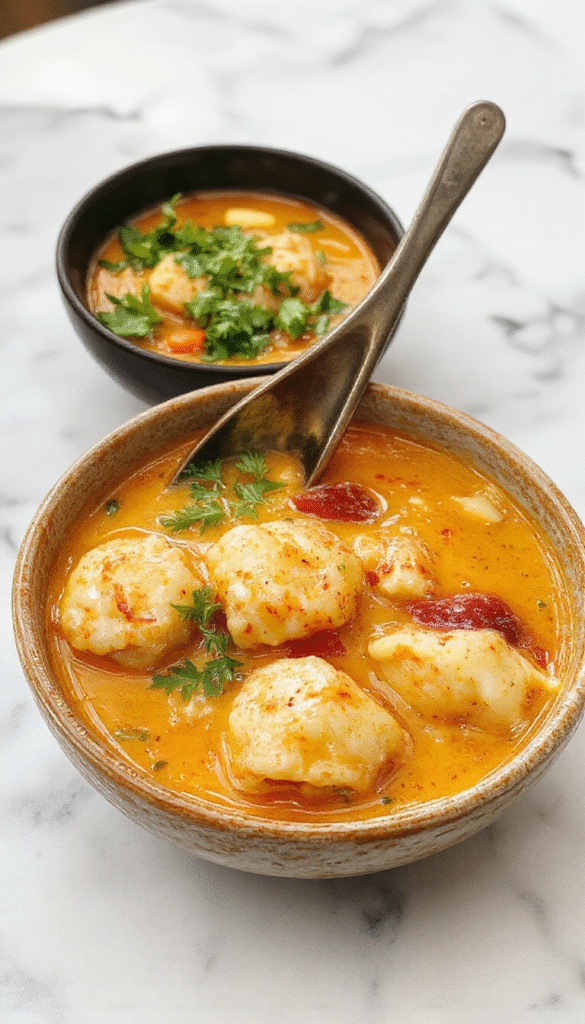 A vibrant bowl of curry dumpling soup showcasing golden-brown dumplings floating in a rich, spicy curry broth, garnished with fresh herbs and colorful vegetables, steam rising, on a rustic wooden table.
