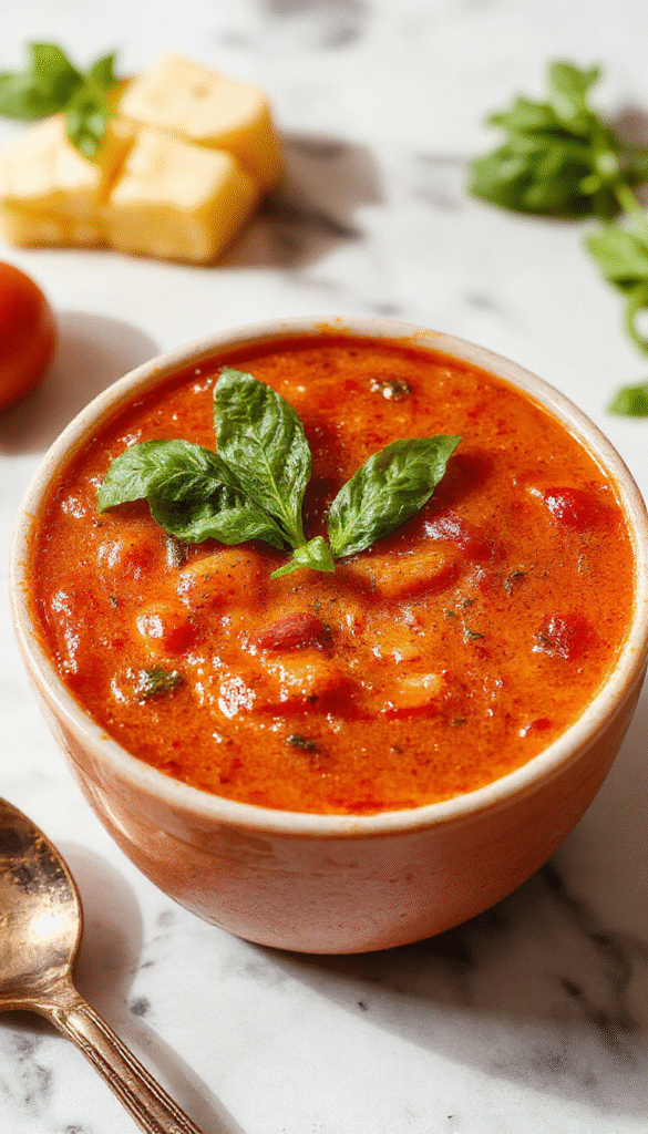 A vibrant bowl of homemade tomato soup garnished with fresh basil leaves, served in a white ceramic bowl on a rustic wooden table, with a side of crusty bread, showcasing smooth textures and bright red color contrasted by green herbs.
