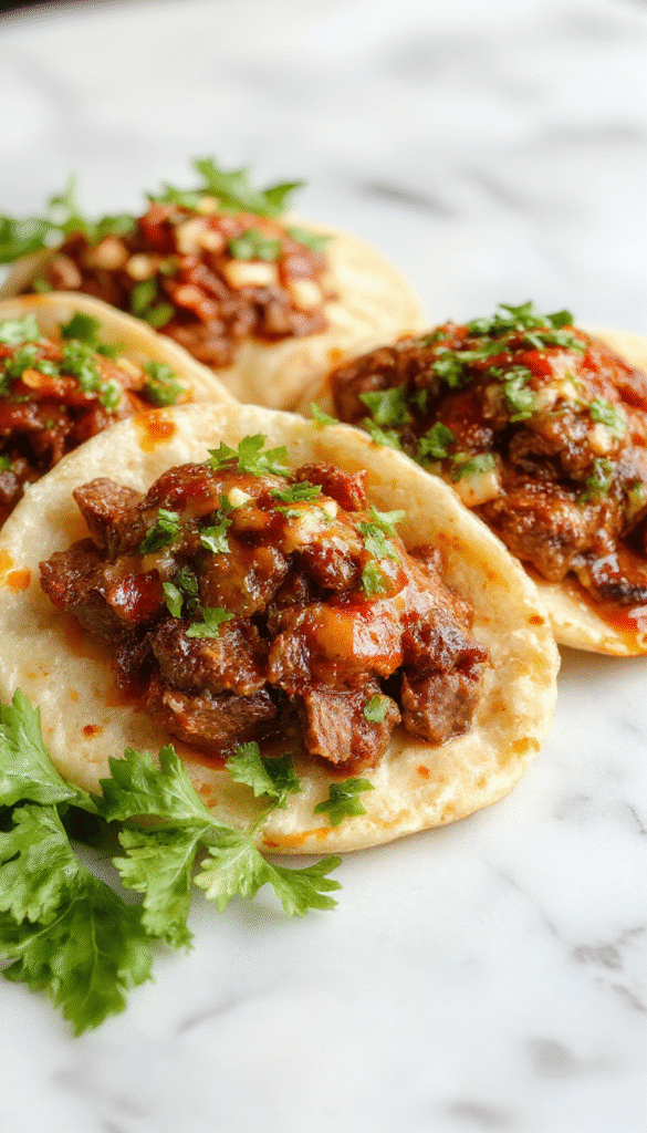 A vibrant plate of birria tacos featuring crispy corn tortillas filled with tender, shredded beef, garnished with chopped onions, cilantro, and a side of rich, red birria broth in a rustic bowl, all set on a wooden table with colorful accents and a splash of lime juice.