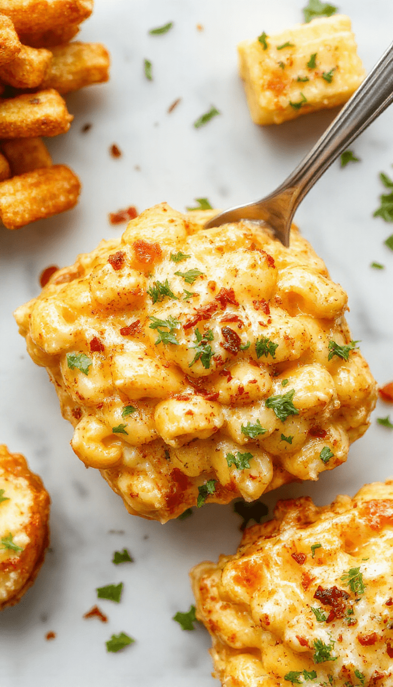 A vibrant, cheesy monster mac and cheese served in a rustic white bowl, topped with golden melted cheese, crispy bacon bits, and chopped herbs. The dish showcases gooey, stretchy cheese and tender pasta with a crispy breadcrumb crust on top, styled with scattered herbs for an inviting, hearty presentation.
